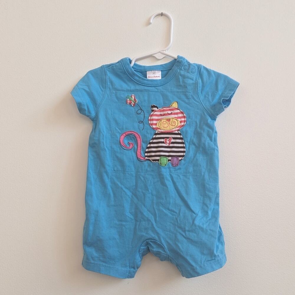 Hanna Andersson Blue Kitty Cat Applique Romper Shorts Casual Baby 3-6m